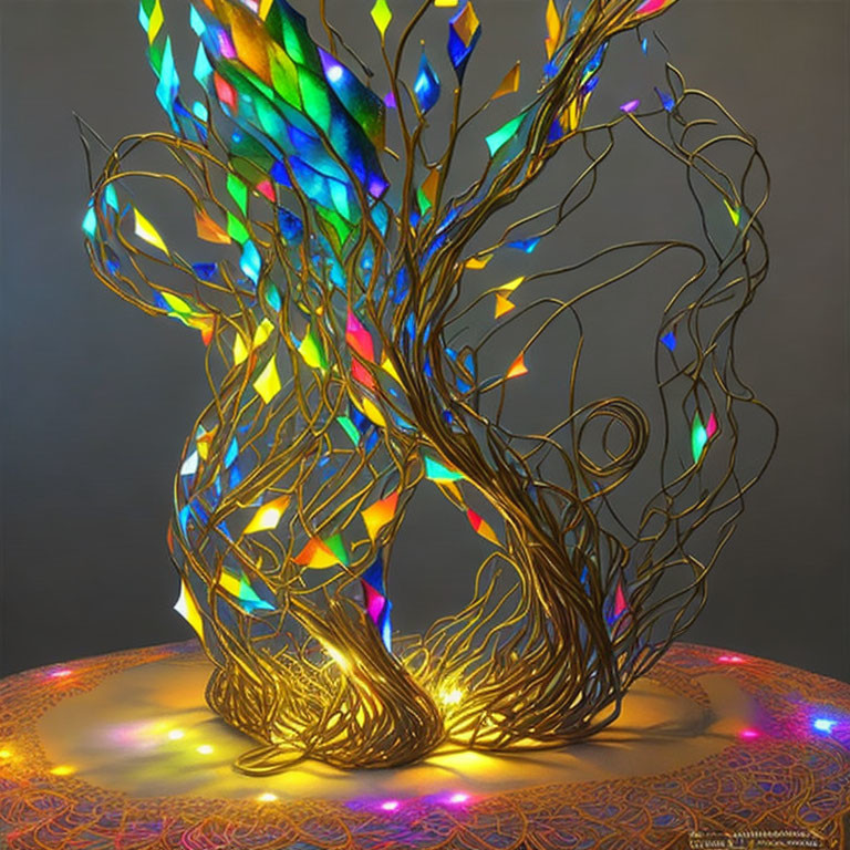 Twisted metal tree sculpture with colorful glass leaves and vibrant reflections