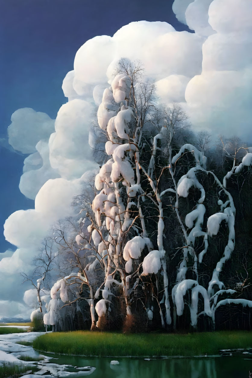 Snow-covered tree in serene winter scene with cumulus clouds and calm water.