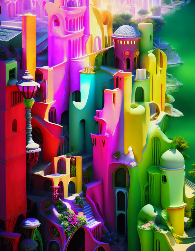 Colorful cityscape with whimsical, curving buildings in pink, purple, green, and yellow