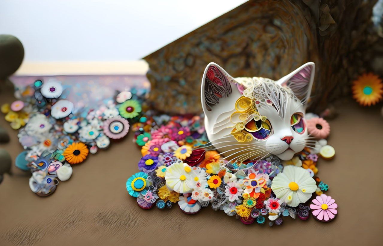 Intricate Quilled Paper Flowers and White Cat with Sunglasses