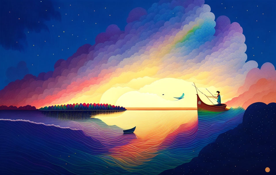 Vibrant digital artwork: fisherman on boat at sunset with wavy sea patterns and starry