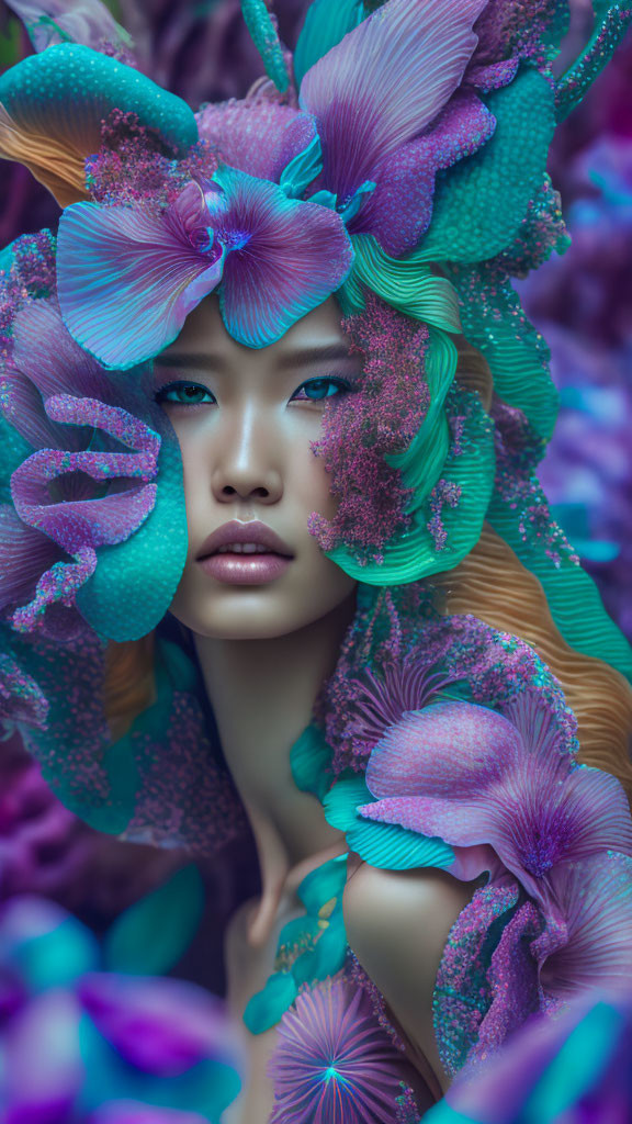 Woman with Turquoise and Purple Floral Fantasy Makeup in Fantastical Backdrop