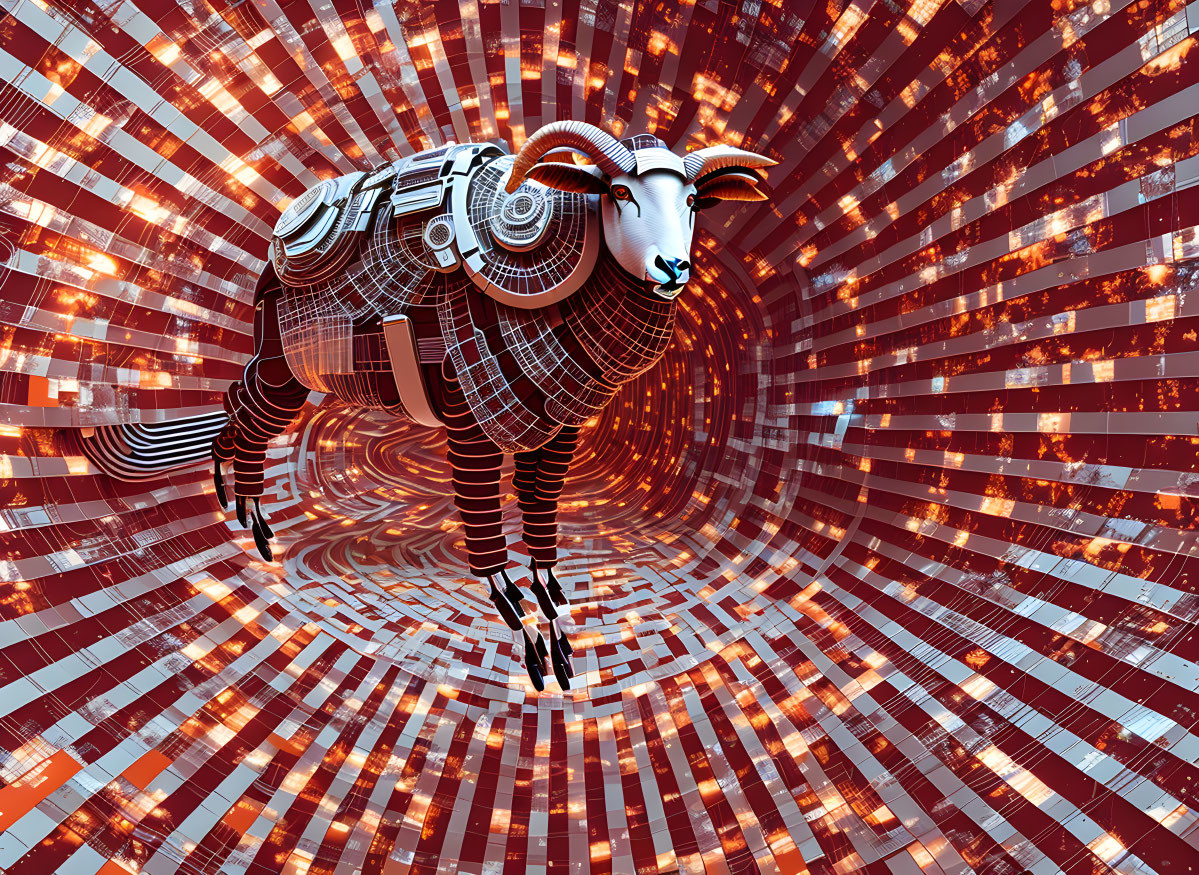 Cybernetic ram with intricate patterns on body in red-and-white tunnel.