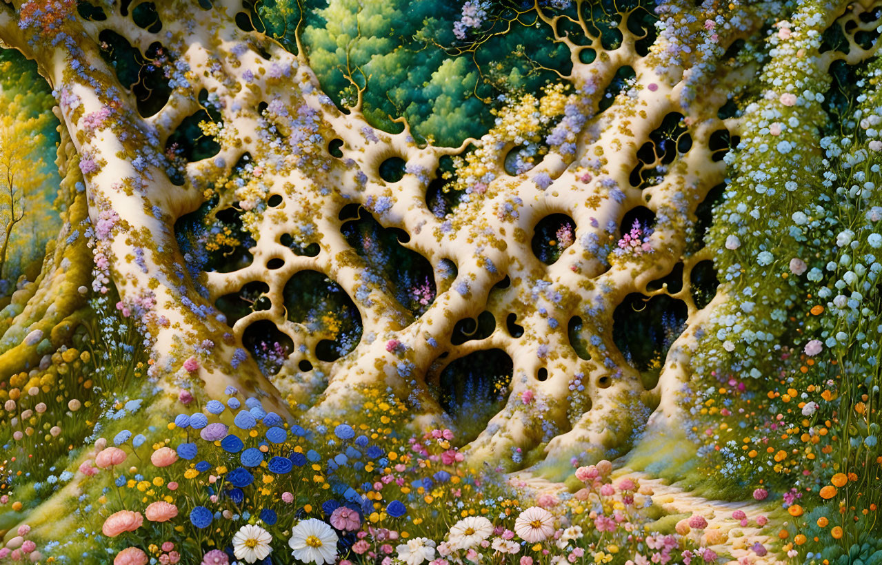 Surreal landscape with porous cheese-like structure and colorful forest