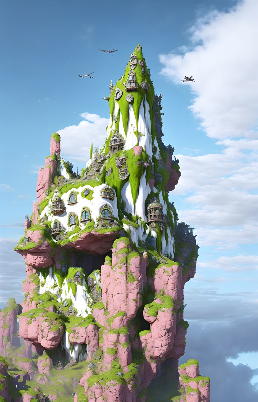 Fantasy mountain peak with greenery, waterfalls, whimsical structures, and flying creatures.