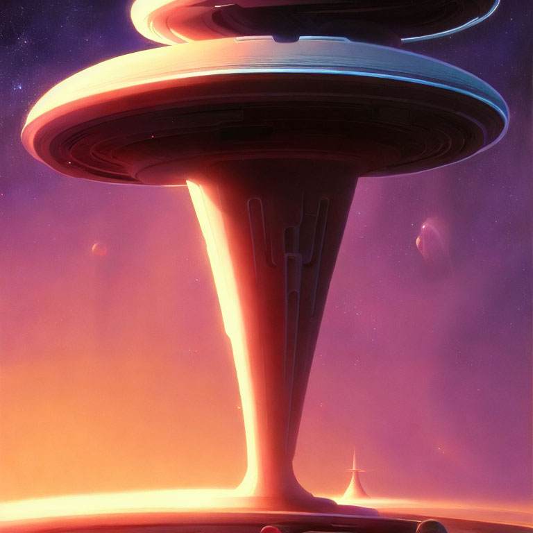 Futuristic spacecraft with saucer section in vibrant alien sky