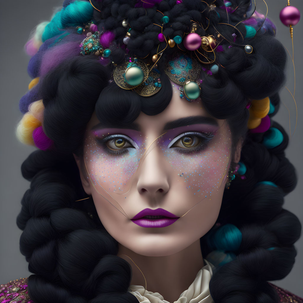 Colorful Hair and Creative Makeup with Glitter and Purple Lips