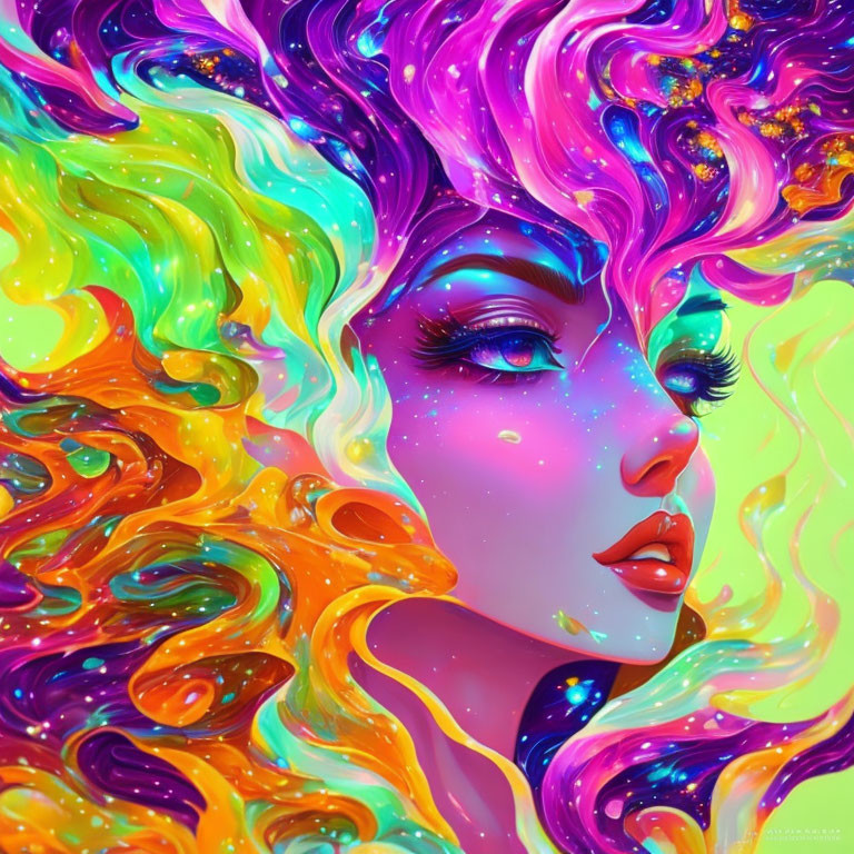 Colorful digital portrait of a woman with flowing, multicolored hair on a psychedelic background