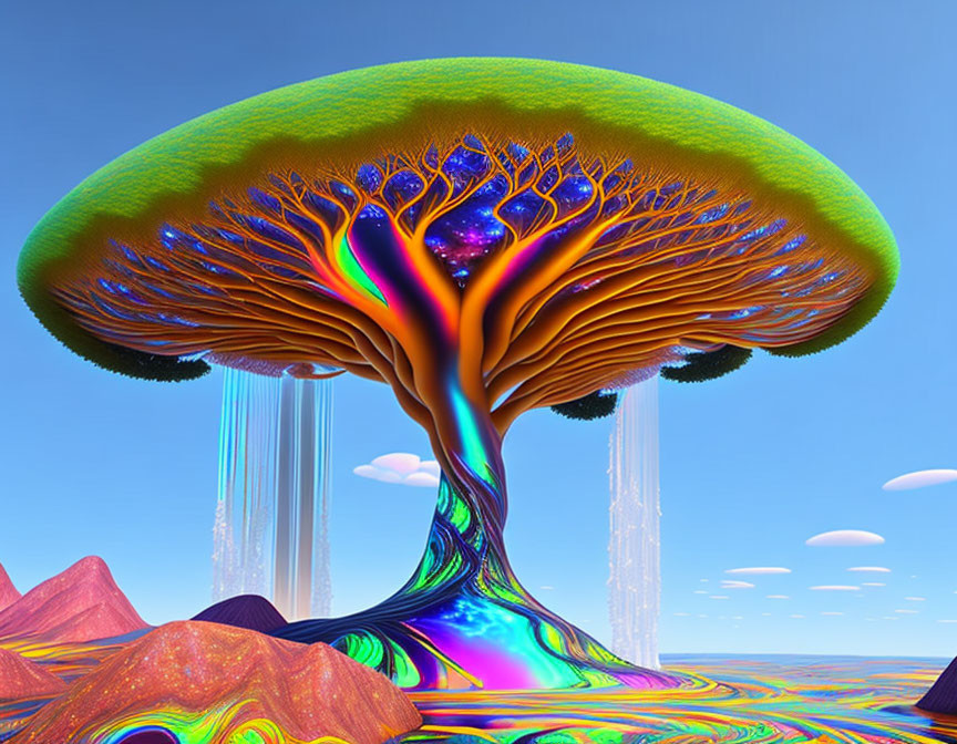 Vibrant surreal illustration of massive tree with mushroom-like canopy in alien landscape