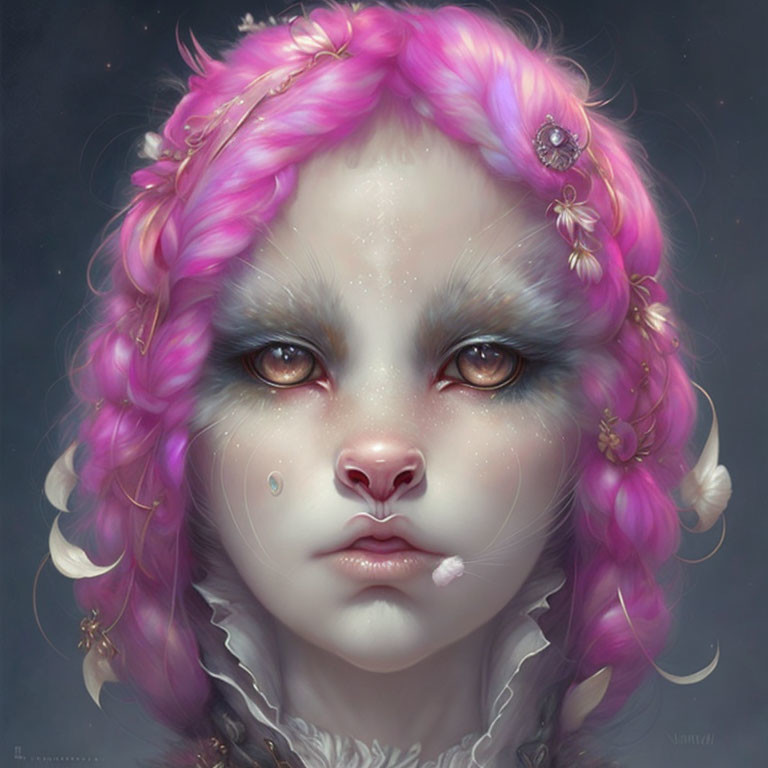 Fantasy portrait of humanoid creature with feline face and pink hair.