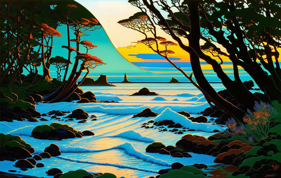 Vibrant coastal scene with silhouetted trees and colorful sky