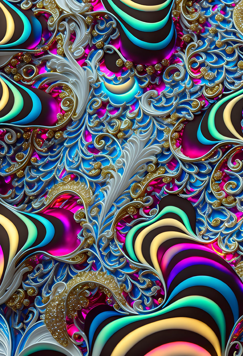 Colorful Swirling Fractal Pattern in Blue, Gold, and Pink