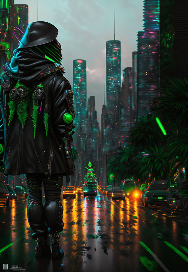 Futuristic figure on wet street gazes at neon cityscape