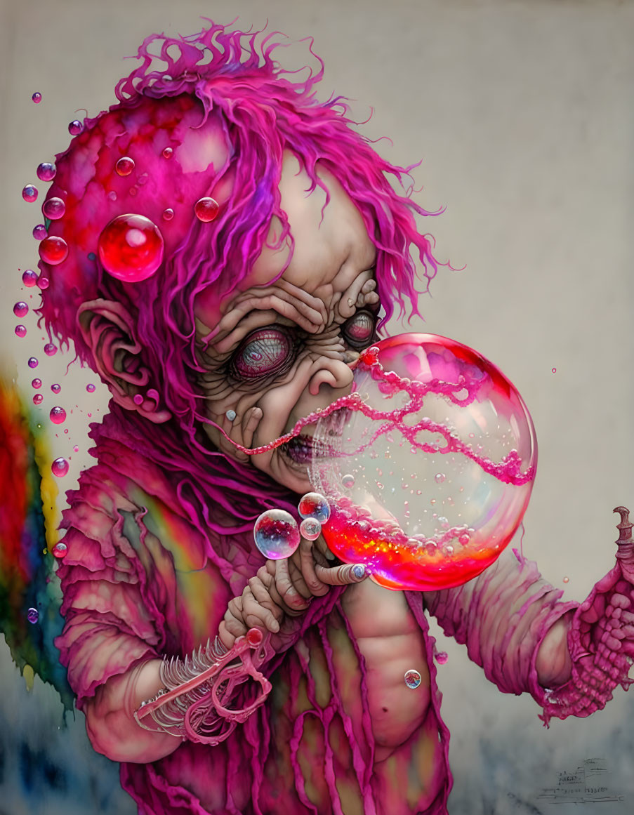 Grotesque pink creature blowing iridescent bubbles