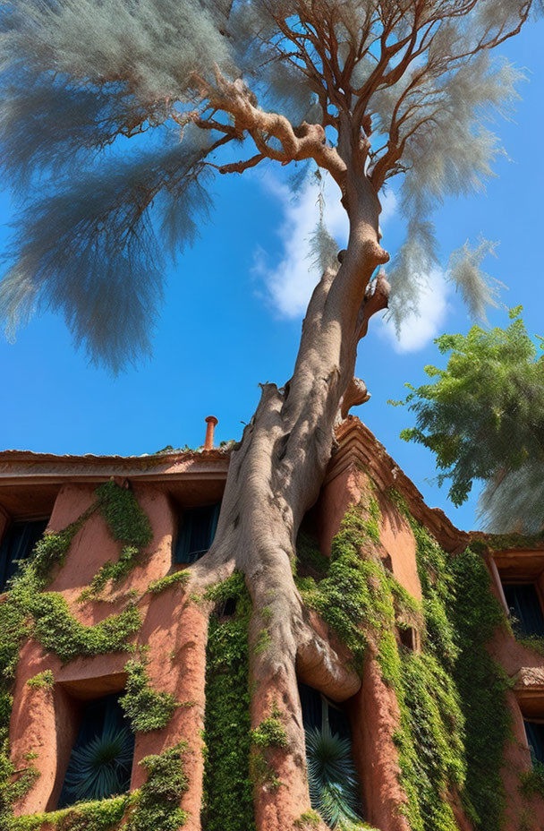 Tall tree with sprawling canopy by terracotta building under blue sky