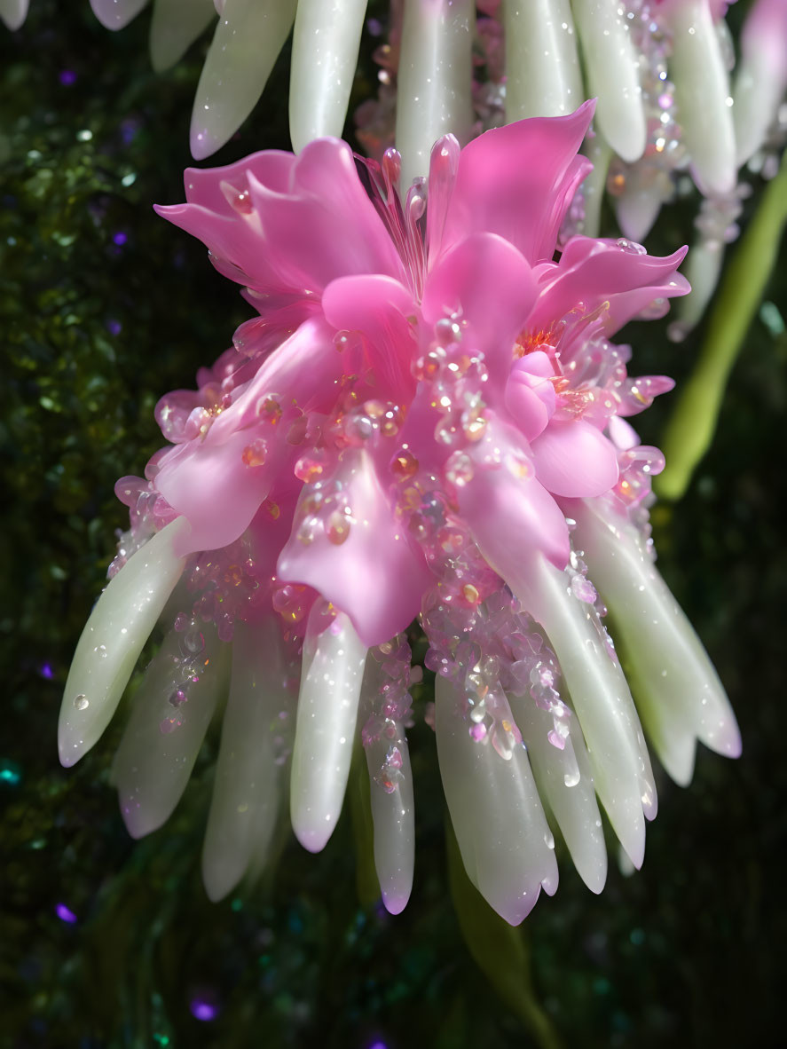 Vibrant pink flower with dewdrops on smooth petals and green foliage