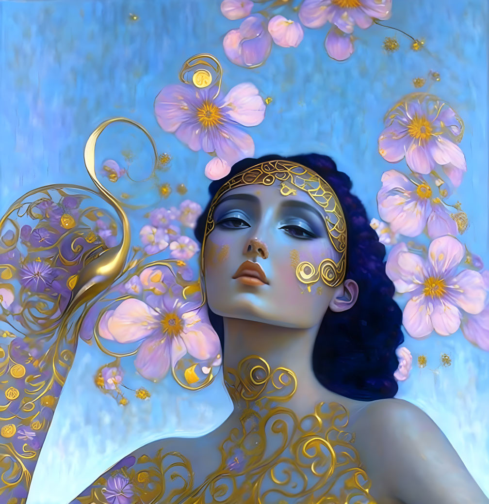 Artistic image of woman with blue skin and gold tattoos amid pink flowers