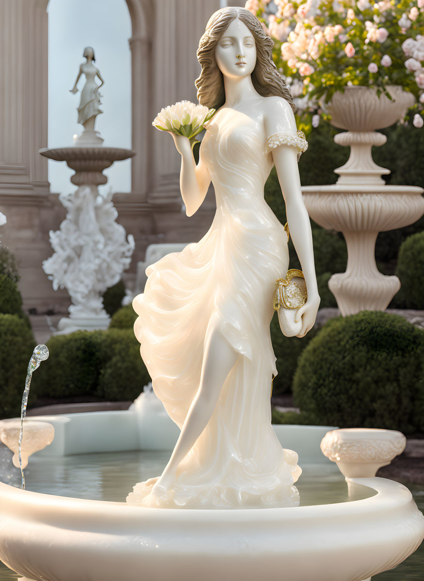 Statue of woman in flowing gown with roses in fountain.