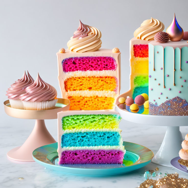 Colorful Rainbow Cakes with Decorative Toppings on Light Background