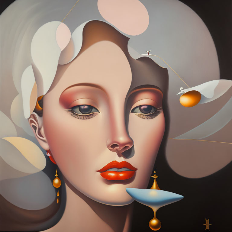 Abstract surreal portrait of woman with stylized features and golden earrings.