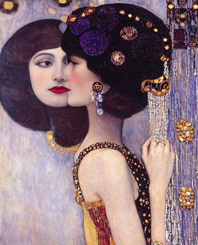 Artwork blending woman's face with Gustav Klimt's "Portrait of Adele Bloch