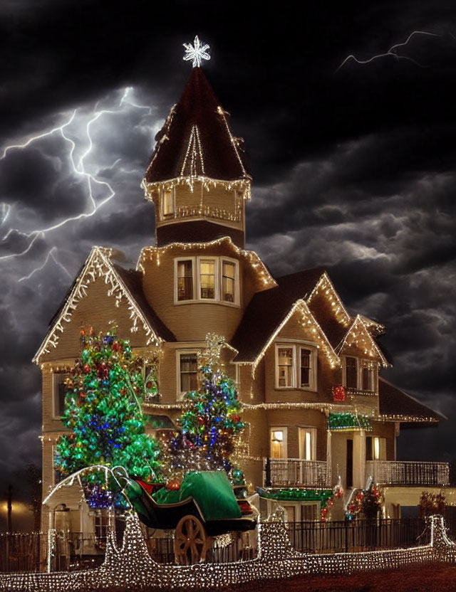 Victorian house with Christmas lights, tree, carriage under lightning night sky