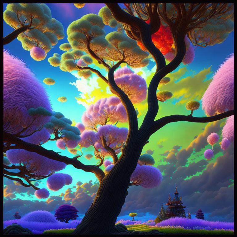 Colorful fantasy landscape with fluffy tree crowns, vivid sky, whimsical clouds, and distant pag