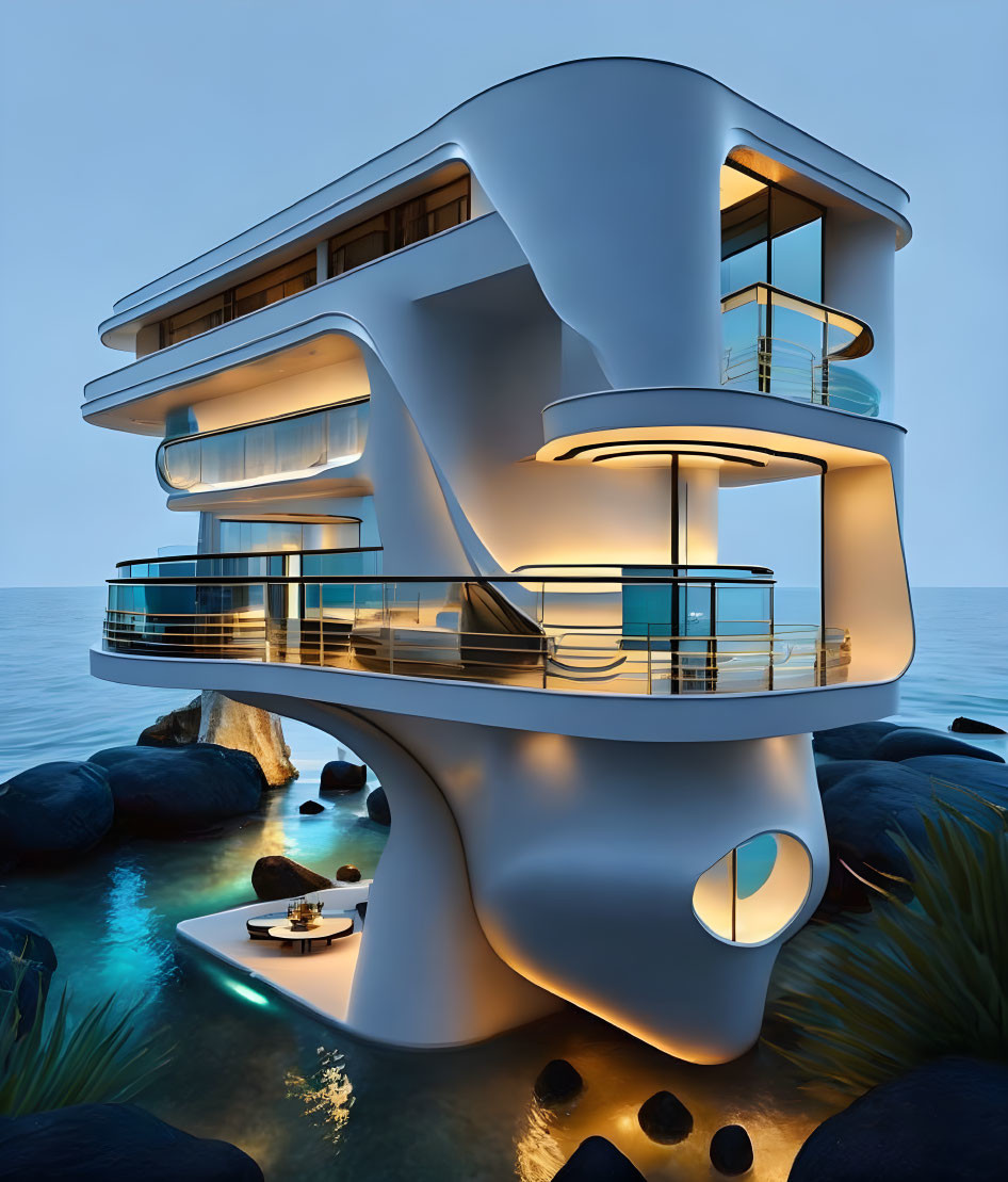 Unique Spiral Design Multi-Level Building on Rocky Shoreline