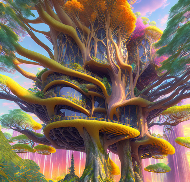 Intricate fantastical tree with colorful foliage and winding staircases