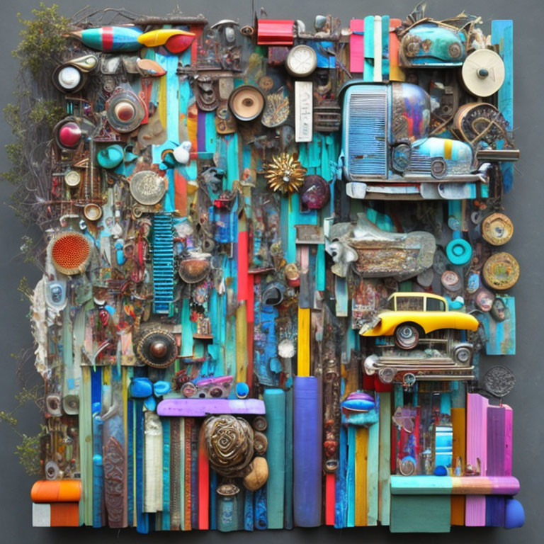 Colorful Collage of Toy Car, Radio, and Trinkets Wall Art