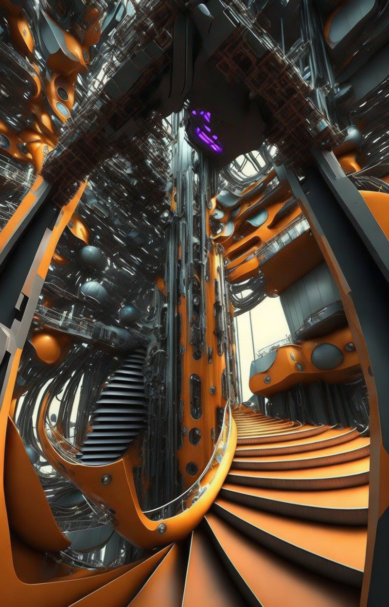 Futuristic interior with orange stairs and complex machinery in sci-fi setting