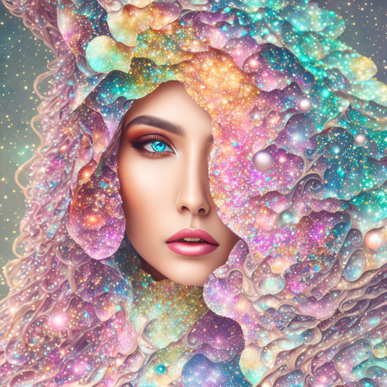 Cosmic-themed digital artwork of a woman with pink and blue hair and turquoise eyes.