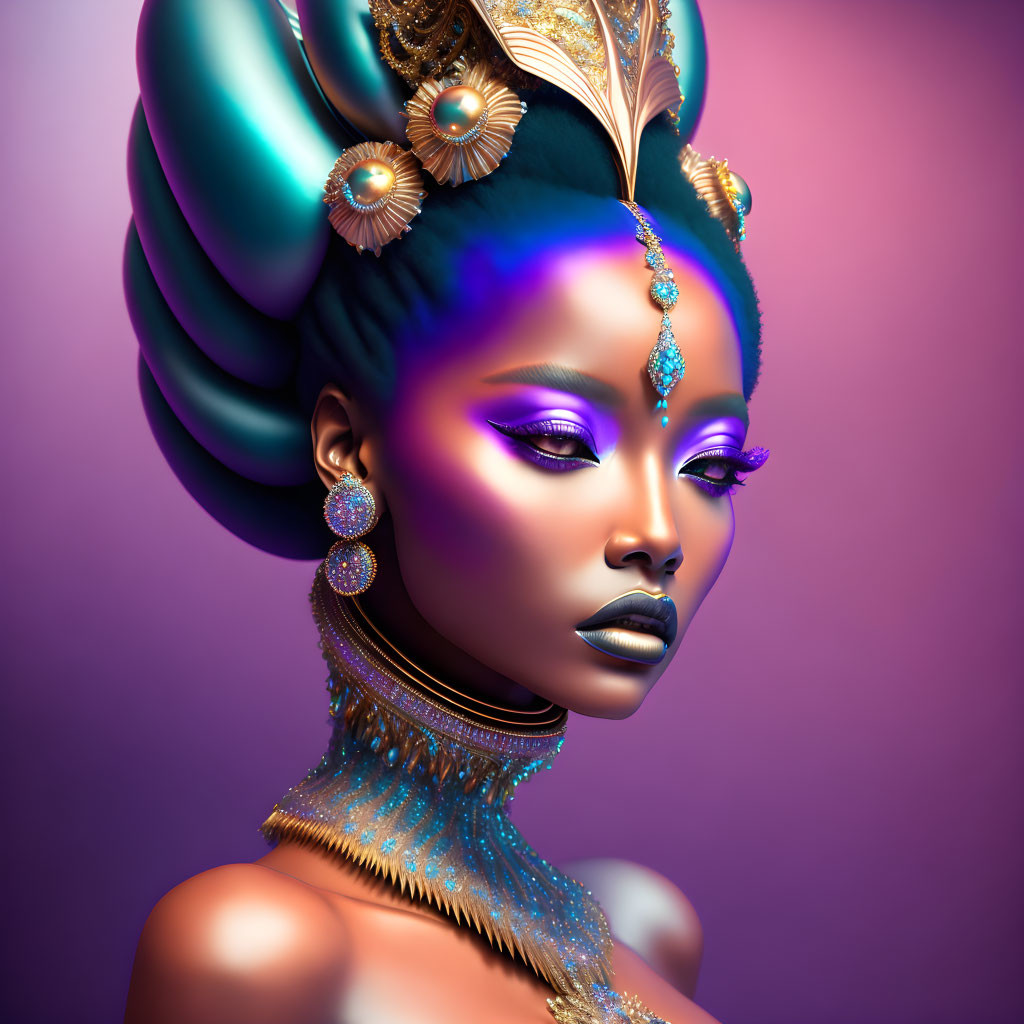 Vibrant 3D illustration: Woman with blue skin, gold jewelry, regal headdress