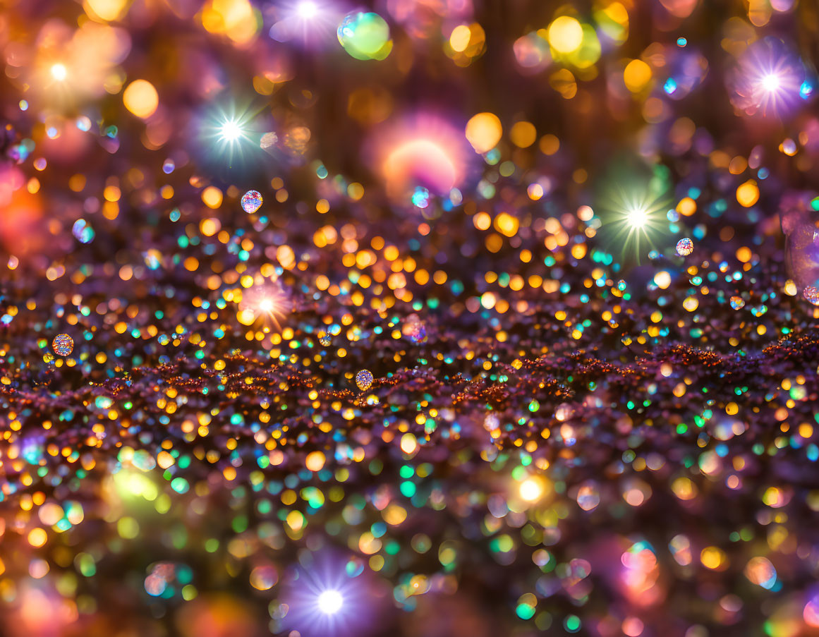 Colorful close-up of sparkling surfaces with bokeh lights for a dreamy festive feel