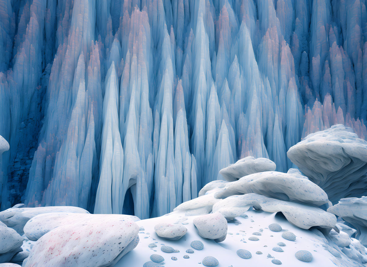 Surreal Blue Ice Cave with Icicles and Snow-Covered Rocks