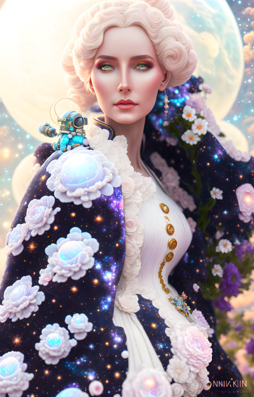 Woman with wavy hair in starry coat against cosmic backdrop