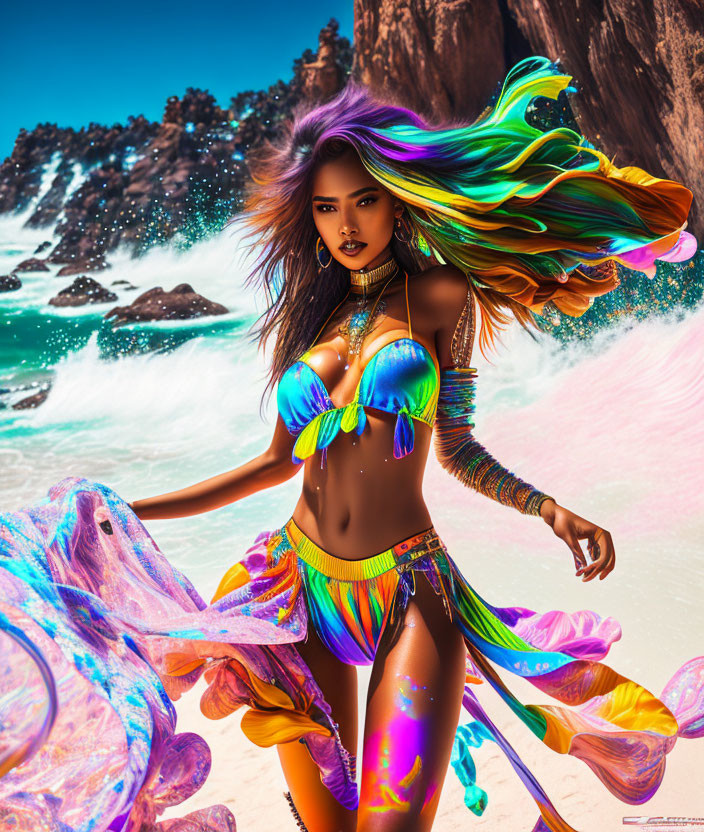 Colorful digital artwork of woman with flowing hair on fantastical beach