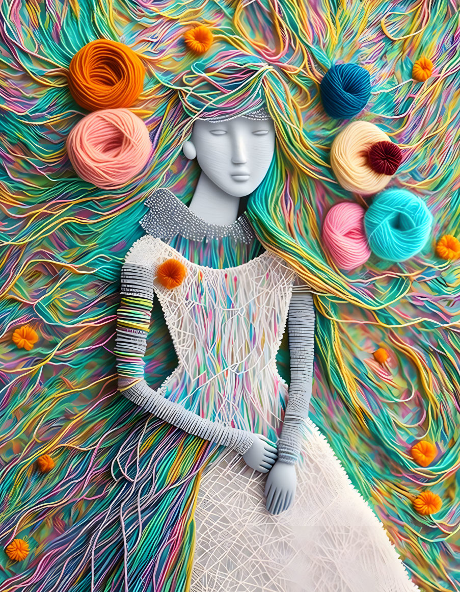 Colorful Artwork Depicting Serene Figure with Textiles and Yarn Balls