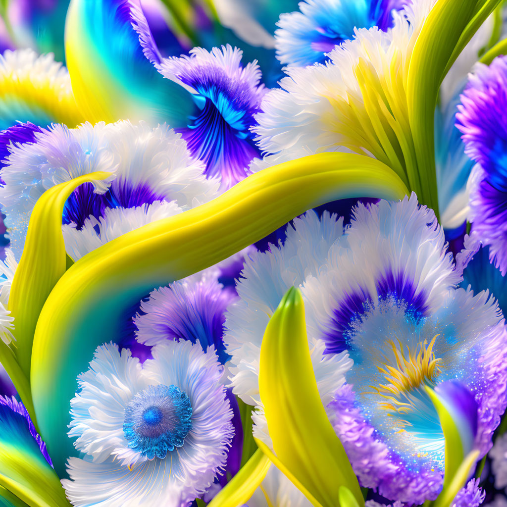 Colorful Blue, White, and Yellow Flowers with Green Stems