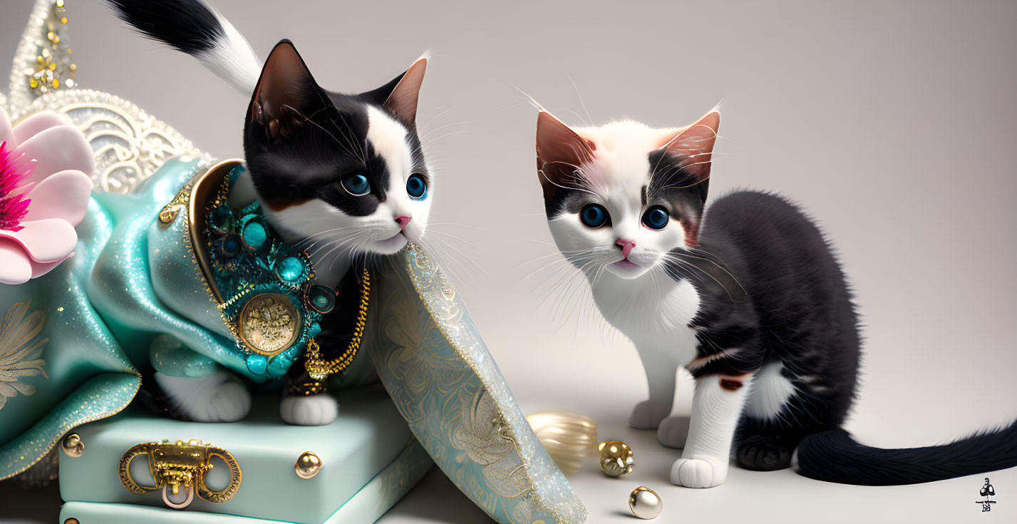 Photorealistic animated cats with blue eyes and elegant items in luxurious setting