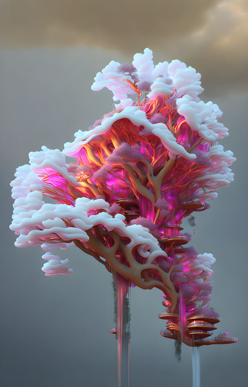 Surreal tree with glowing magenta structures and frosted branches