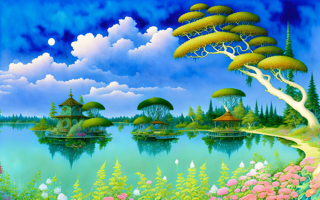 Colorful landscape with umbrella-shaped trees, pagoda structures, and serene lake