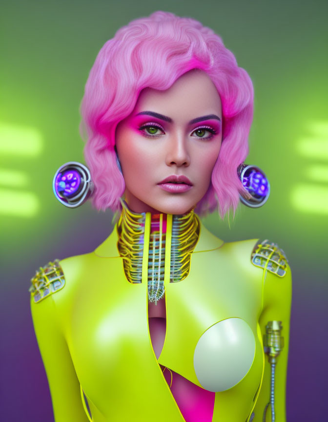 Futuristic female android with pink hair in yellow suit on neon green background