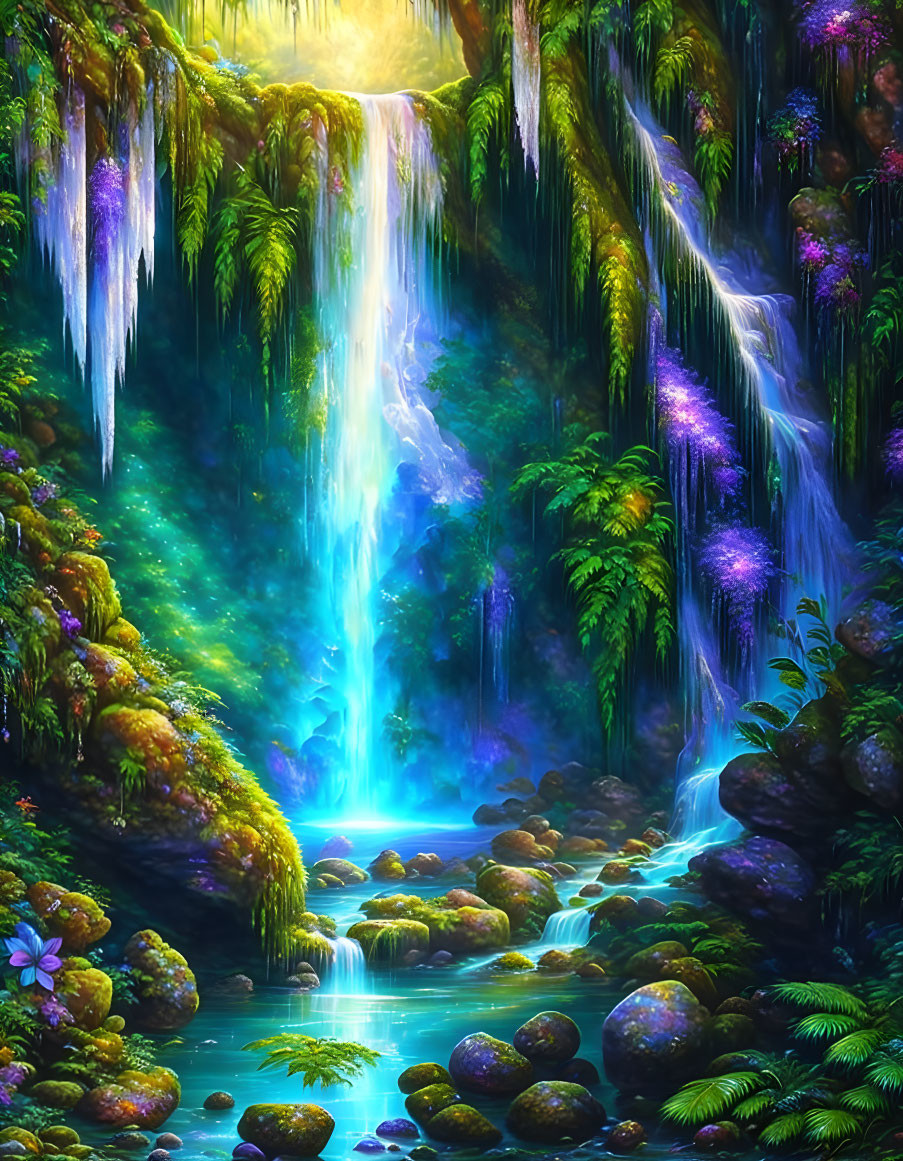 Vibrant jungle waterfall scene with lush vegetation and glowing flowers