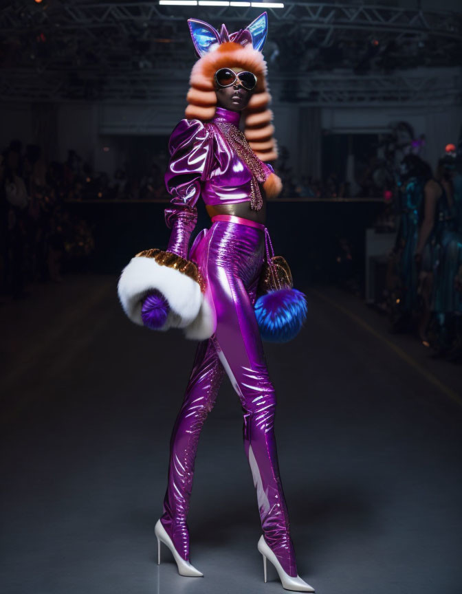 Futuristic metallic purple outfit with cat ears and tail, oversized sunglasses, white heels, and fluffy