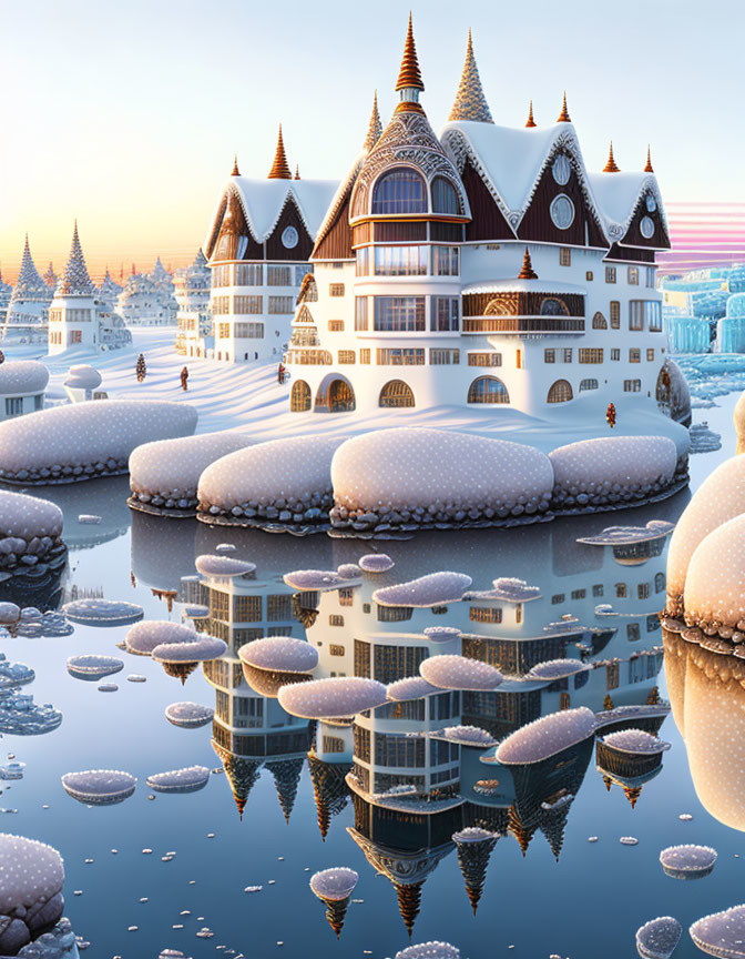 Whimsical winter palace with turrets in snowy landscape