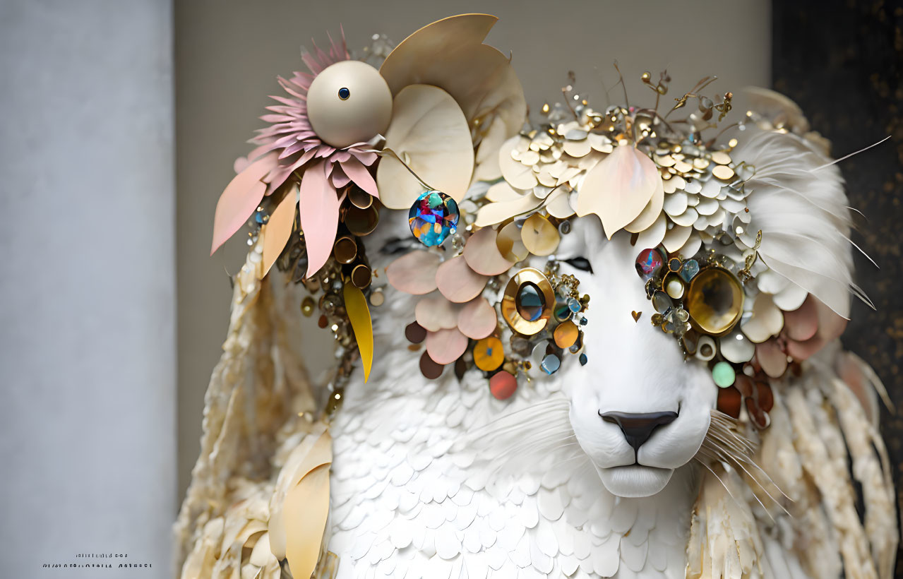 Ethereal white lion with golden embellishments and crystals