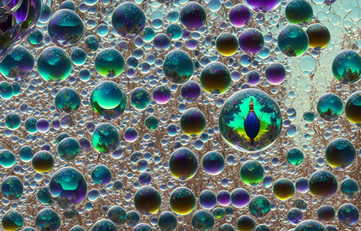 Vibrant close-up of iridescent translucent bubbles reflecting patterns.