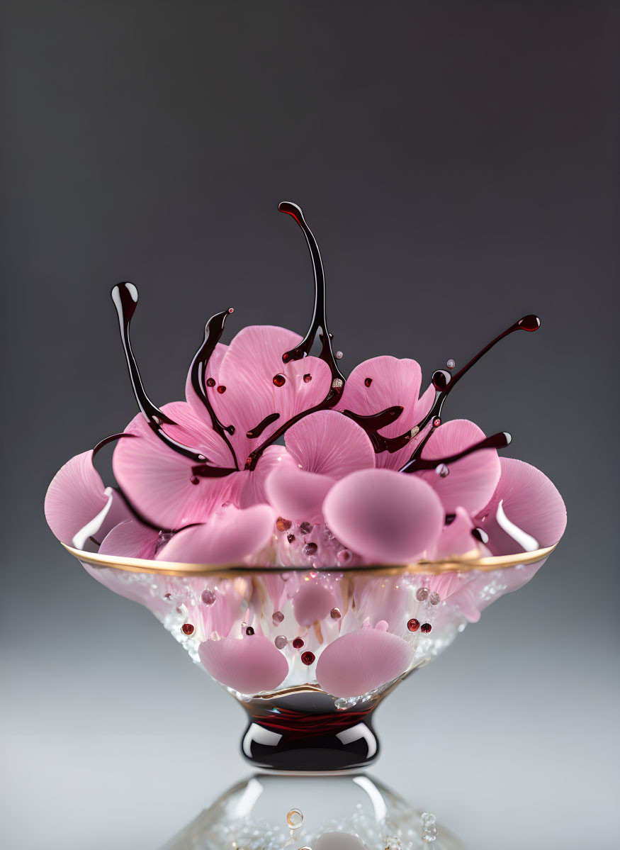 Digital artwork: Glass bowl with pink liquid and dark floral splashes on grey background