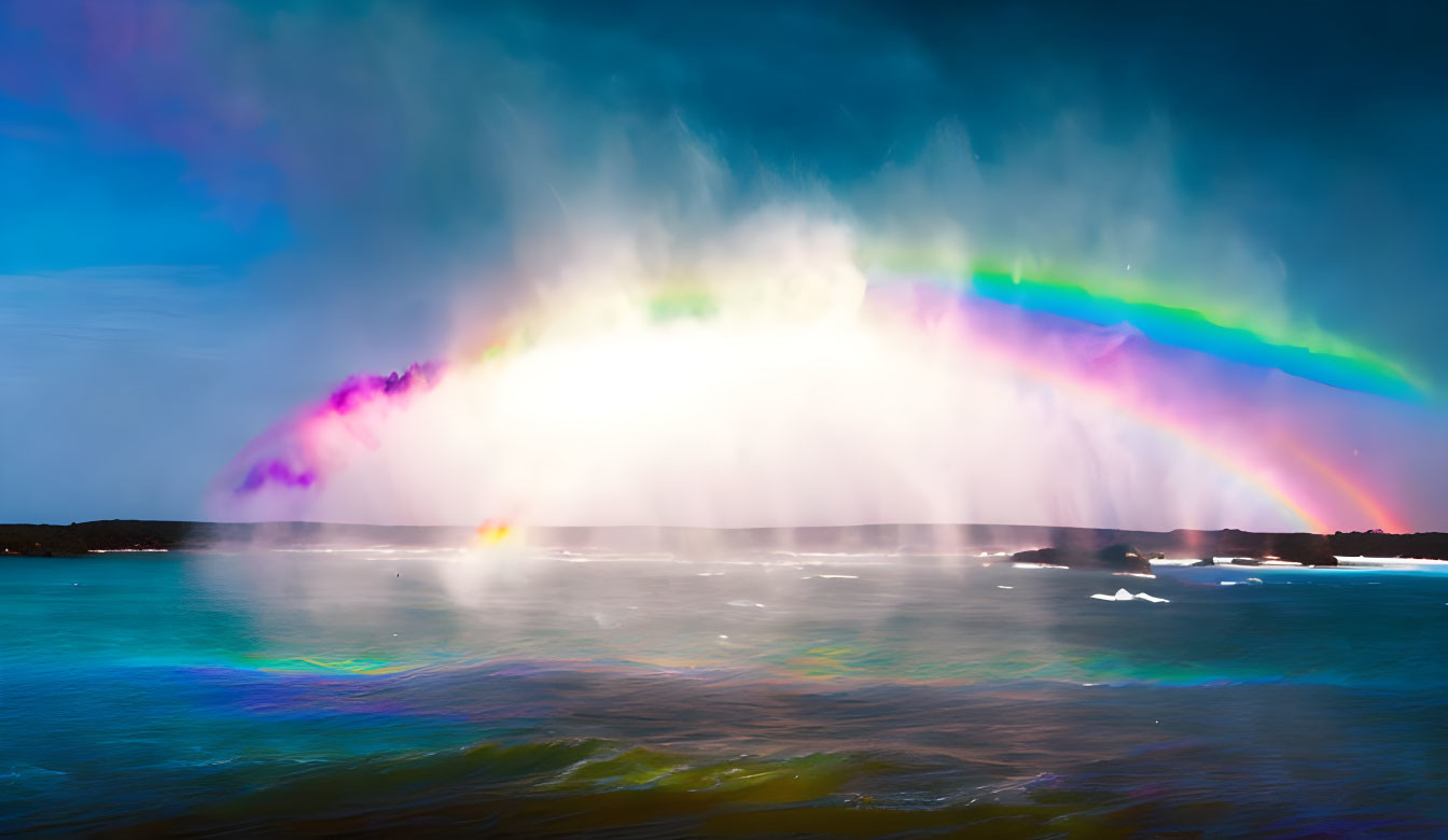 Colorful artificial rainbow over misty water fountain against lake and sky